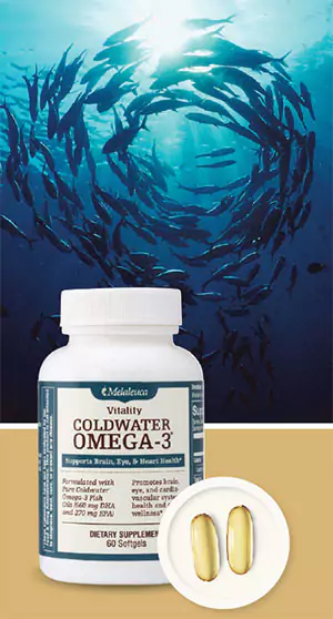 Bottle of Vitality Coldwater Omega-3® and a school of fish swimming above it