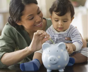 Mom and son putting money away